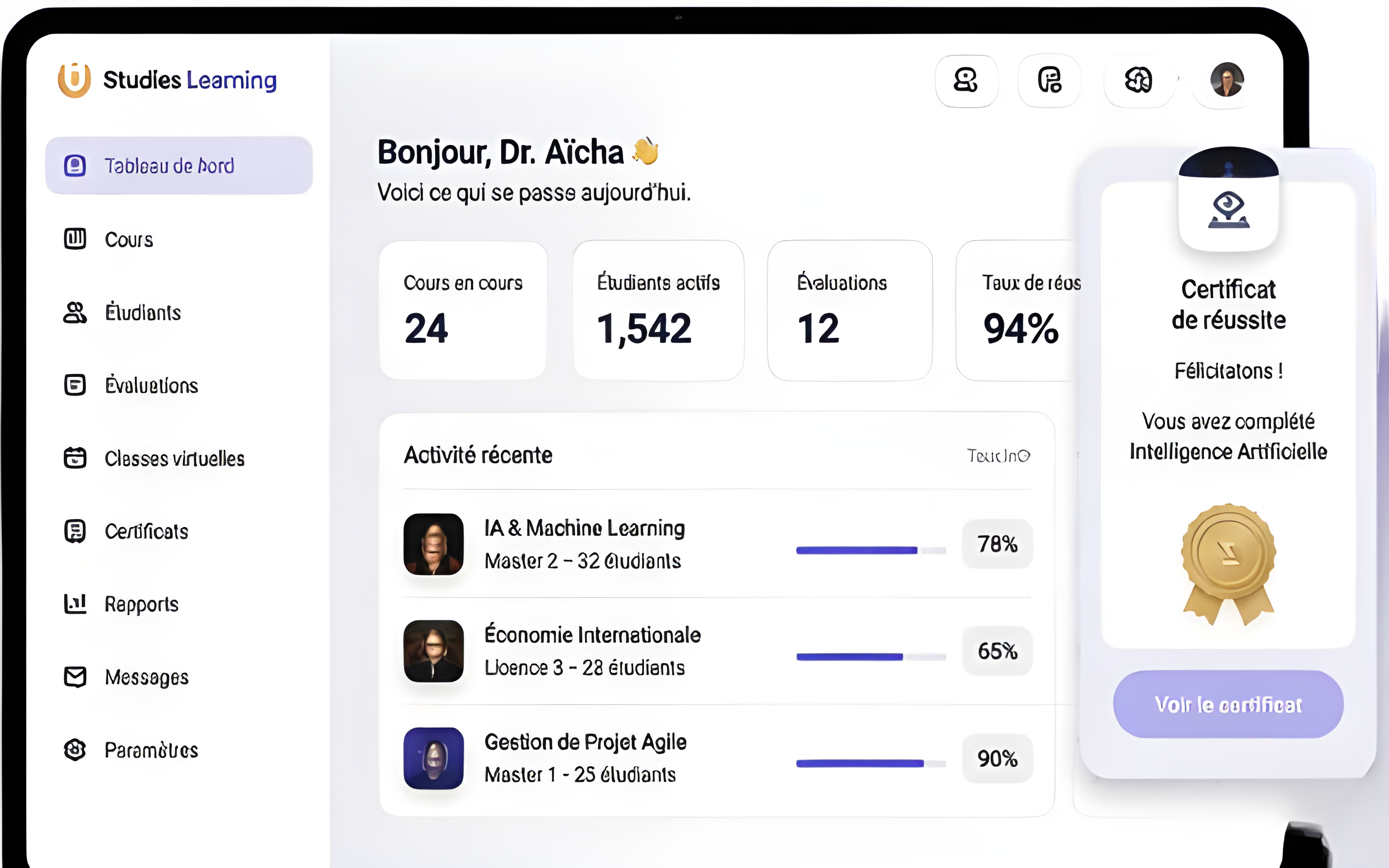 Tableau de bord Studies Learning